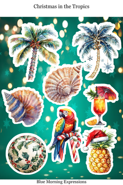 Set of tropical-themed stickers including palm trees, shells, a parrot, and a pineapple on a green background.