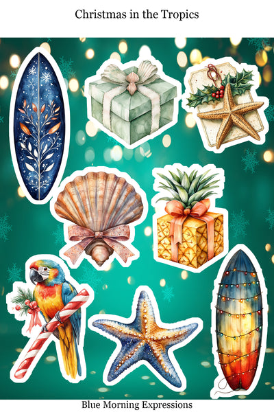 Collection of Christmas-themed illustrations including presents, a parrot, and seashells on a teal background.