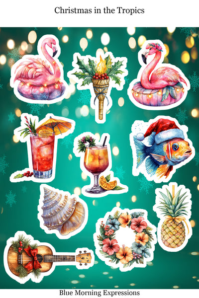 Set of tropical-themed stickers with flamingos, cocktails, and Christmas elements on a teal background.