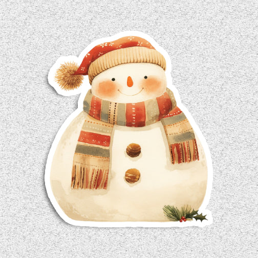 Illustration of a snowman with a striped scarf and hat on a light gray background