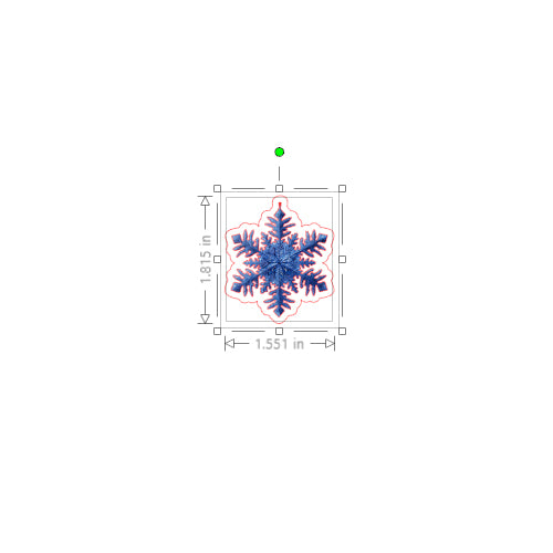 Blue snowflake design with measurements on a white background