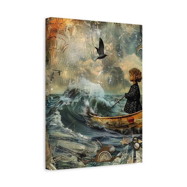 Whimsical Nautical Canvas Art - Child in Boat with Crow Decor Mixed Media Print