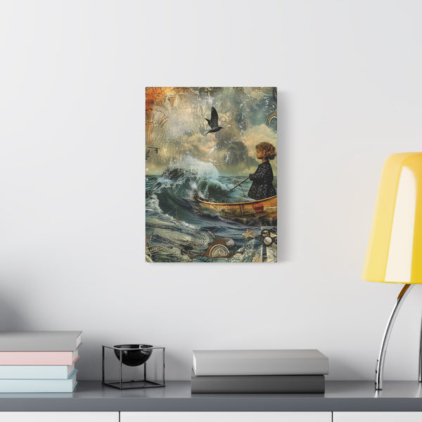 Whimsical Nautical Canvas Art - Child in Boat with Crow Decor Mixed Media Print