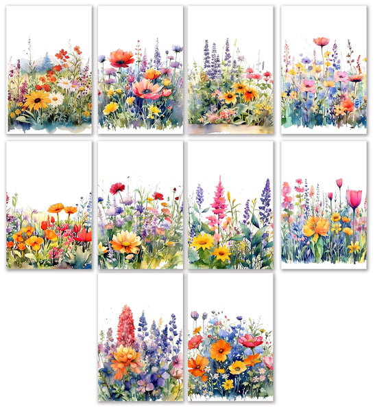 10 Handmade Watercolor Wildflowers – Blank Inside – Folded 4x6 Every Occasion Cards with White Envelopes