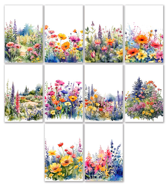 10 Handmade Watercolor Wildflowers – Blank Inside – Folded 4x6 Every Occasion Cards with White Envelopes