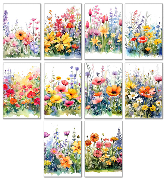 10 Handmade Watercolor Wildflowers – Blank Inside – Folded 4x6 Every Occasion Cards with White Envelopes