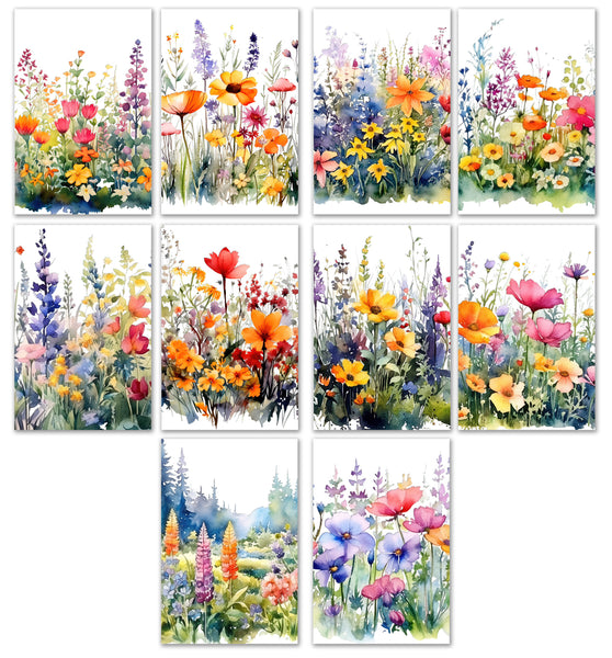 10 Handmade Watercolor Wildflowers – Blank Inside – Folded 4x6 Every Occasion Cards with White Envelopes
