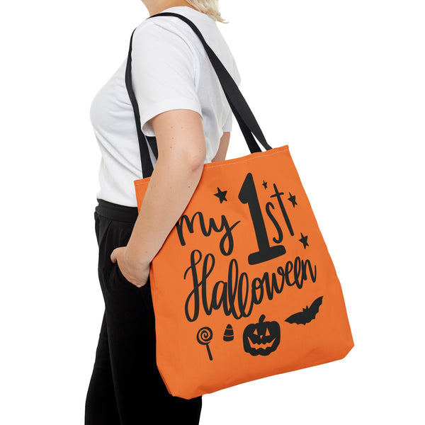 My First Halloween Trick or Treat Bag over the shoulder of an adult woman