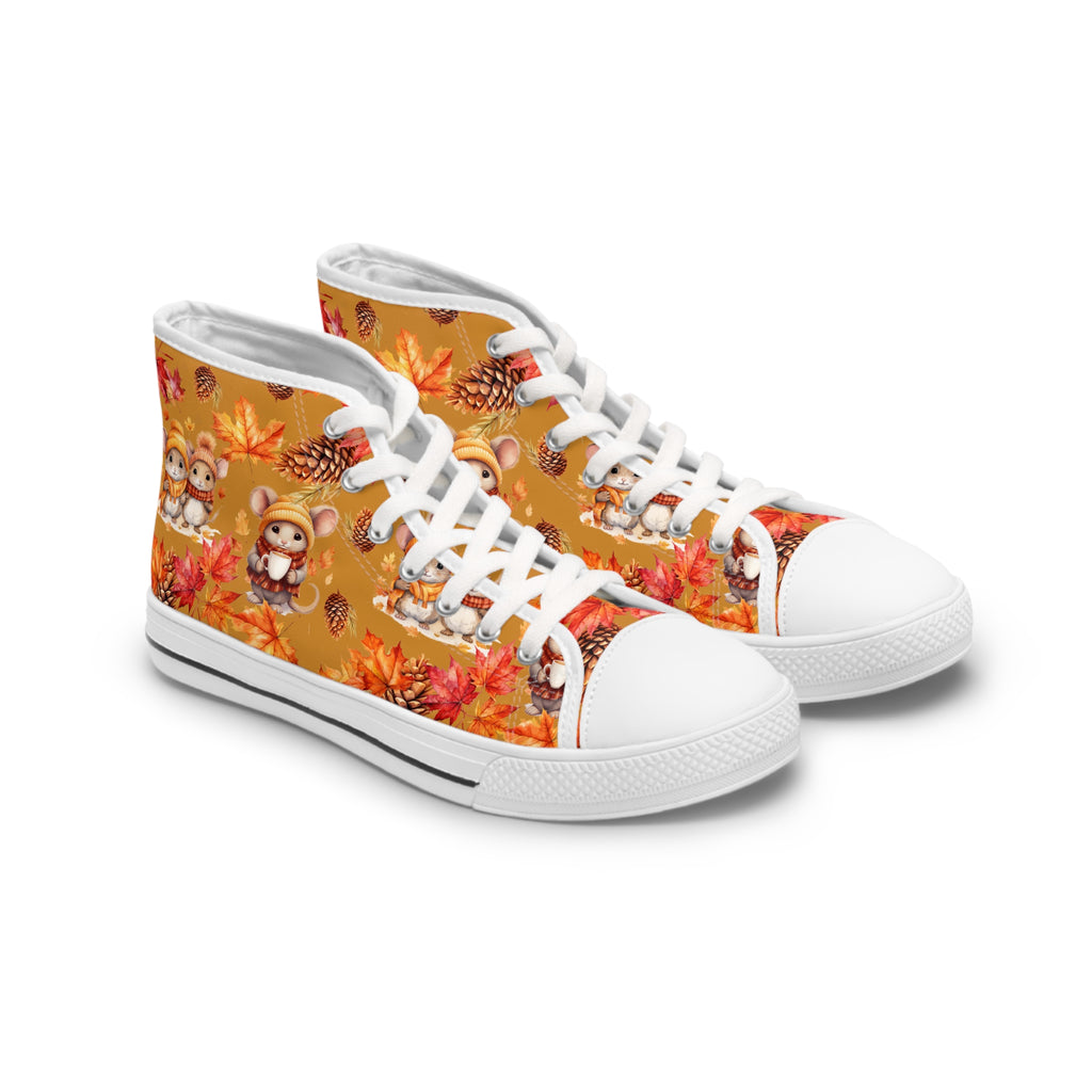White high-top sneakers with a colorful autumn-themed design on a white background