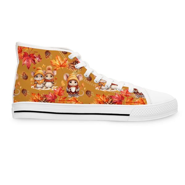 High-top sneaker with autumn-themed design featuring owls and leaves on a white background