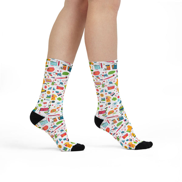 Colorful patterned socks on a white background