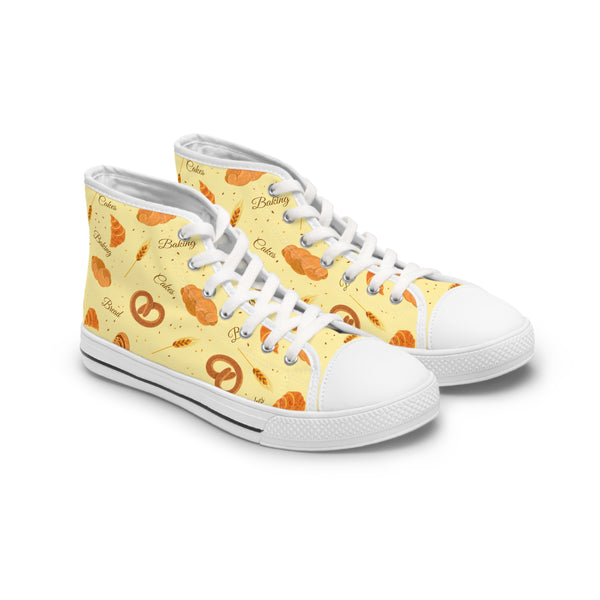White high-top sneakers with a yellow pattern on a white background