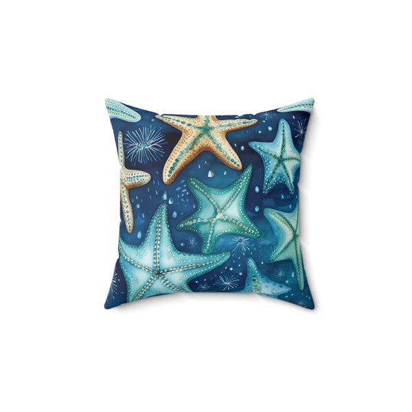 Decorative pillow with starfish pattern on a blue background
