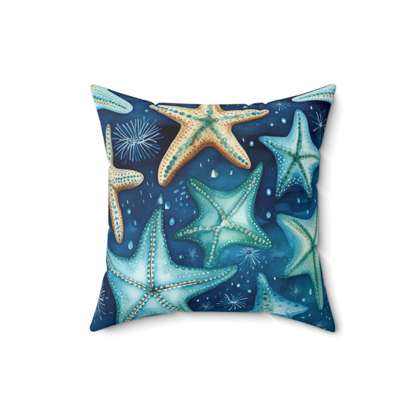 Decorative pillow with starfish pattern on a blue background