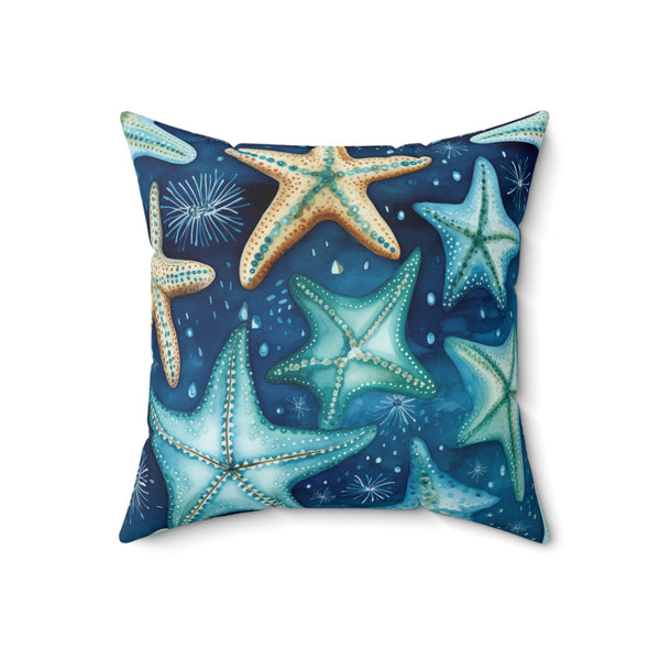 Decorative pillow with starfish design on a blue background