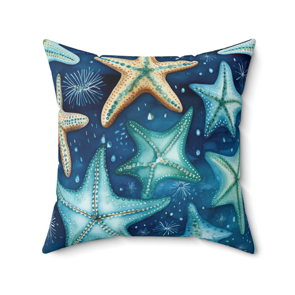 Decorative pillow with starfish design on a blue background