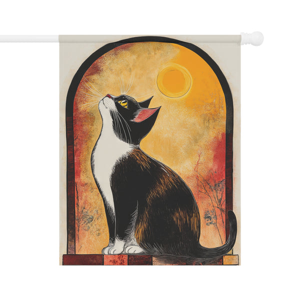 Decorative banner with a stylized black and white cat against an orange and yellow background