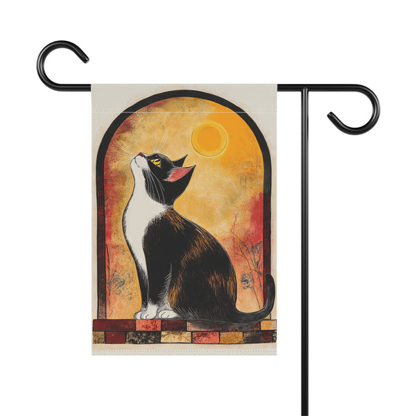 Decorative garden flag with a cat design on a white background