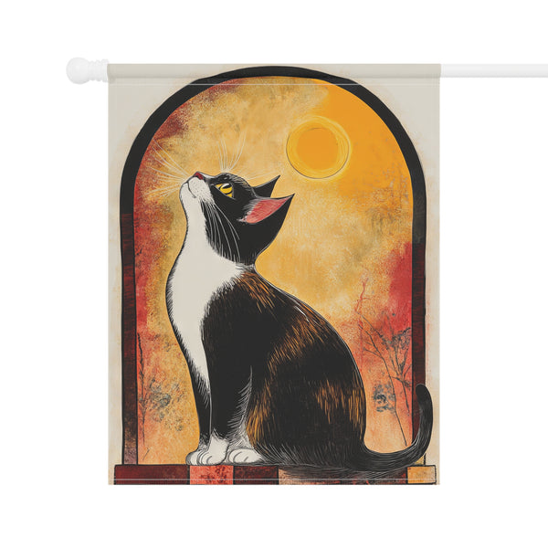 Decorative banner with a stylized cat illustration against an orange background