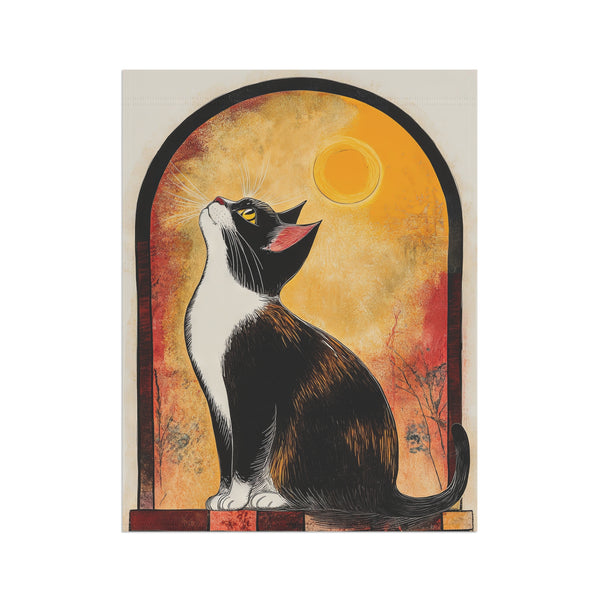 Artistic depiction of a black and white cat looking up at the sun with an archway background.