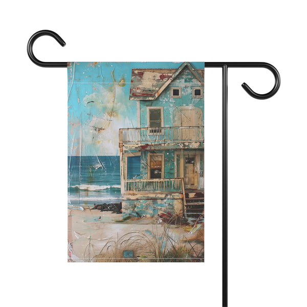 Decorative garden flag with a house by the water design on a white background