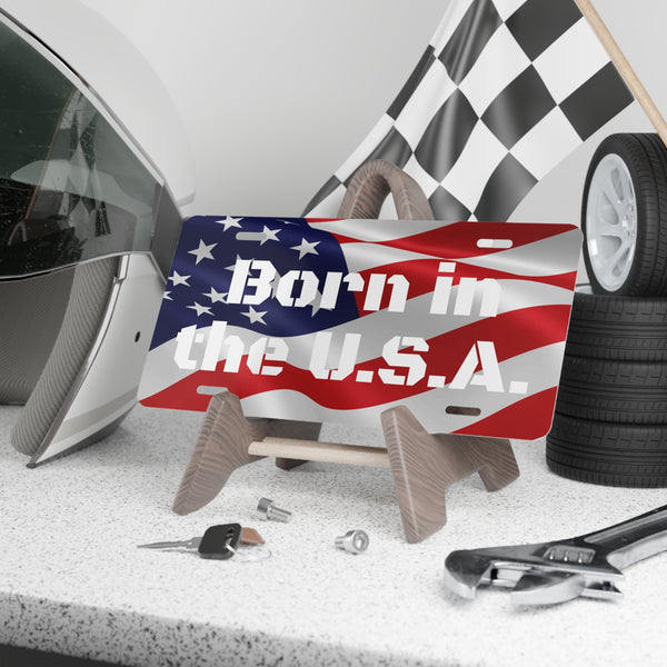 Patriotic American Flag Vanity License Plate – Custom Aluminum Car Gift Born in the U.S.A.