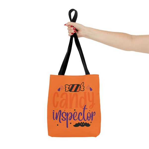Woman holding a candy inspector Halloween Trick or Treat Bag on a white background
