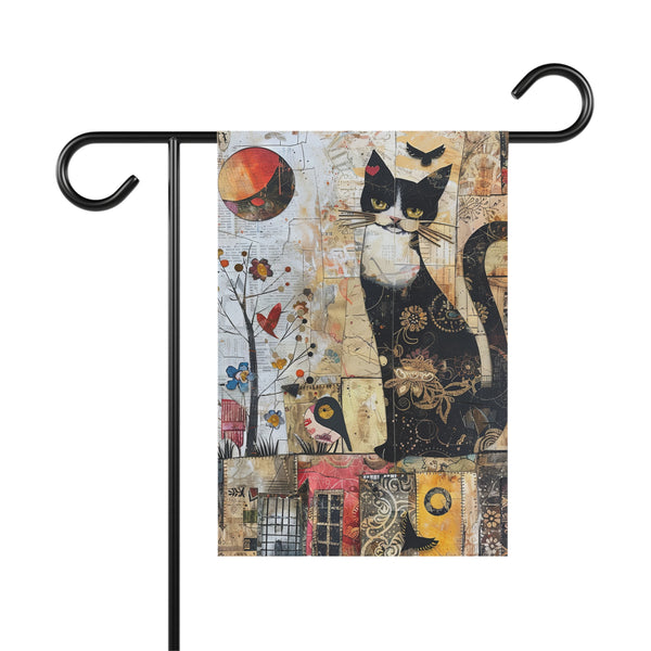 Decorative garden flag with a black and white cat design on a collage background, attached to a flagpole.