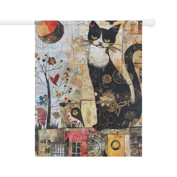 Decorative flag with a black and white cat design on a colorful patchwork background.