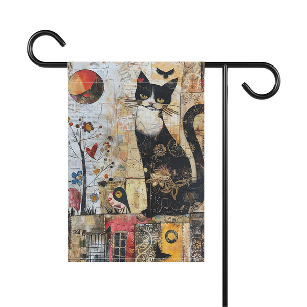 Garden flag with a black and white cat design on a white background