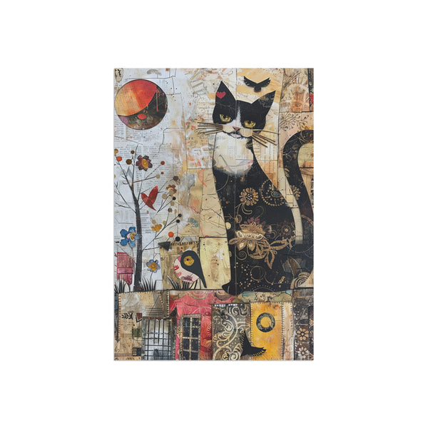 Decorative mat with a black and white cat design on a colorful background