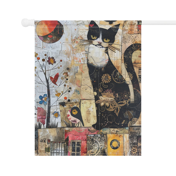 Decorative fabric with a black and white cat design on a colorful patchwork background.