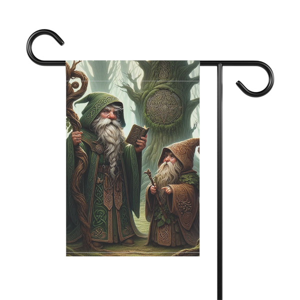 Garden flag with two wizards in a forest setting on a white background