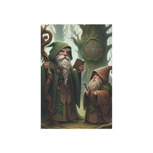 Two wizards in green and brown robes standing in a forest with a large tree and mystical design.