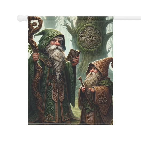 Decorative flag with two wizards in a forest setting