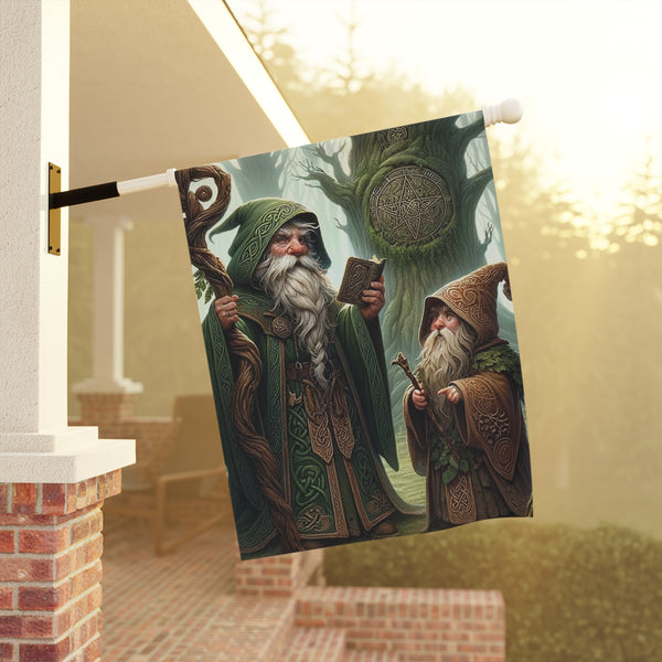 Decorative flag with two wizards in a forest setting on a porch.