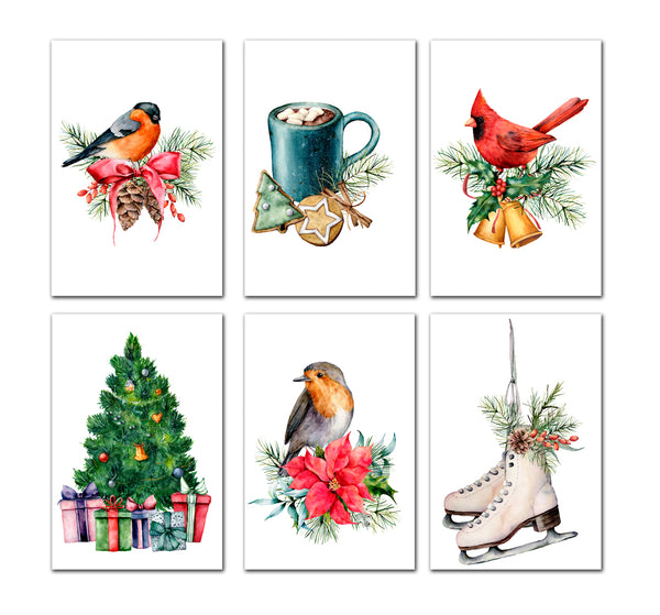 6 Handmade Christmas Watercolor – Blank Inside – Folded 4x6 Holiday Cards with White Envelopes