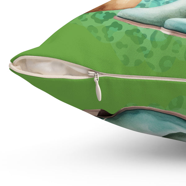 Green pillow with a zipper on a white background