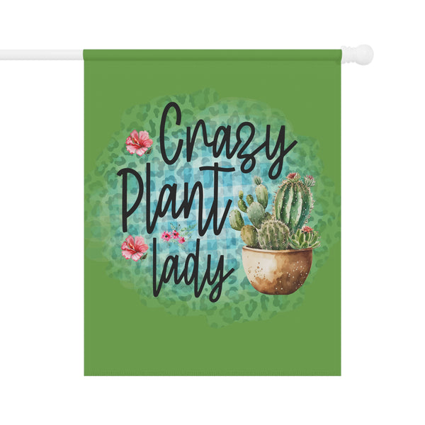 Decorative flag with 'Crazy Plant Lady' text and cactus illustration on a green background