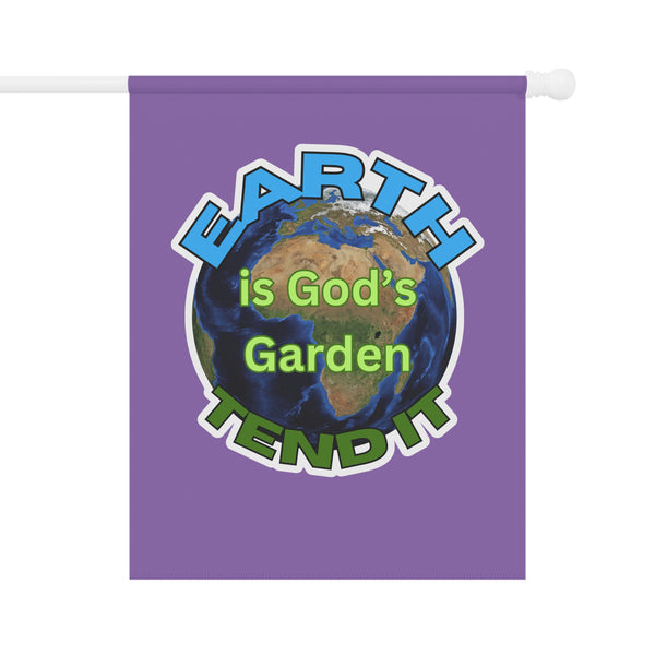 Purple flag with Earth graphic and text 'Earth is God's Garden Tend It' on a white background