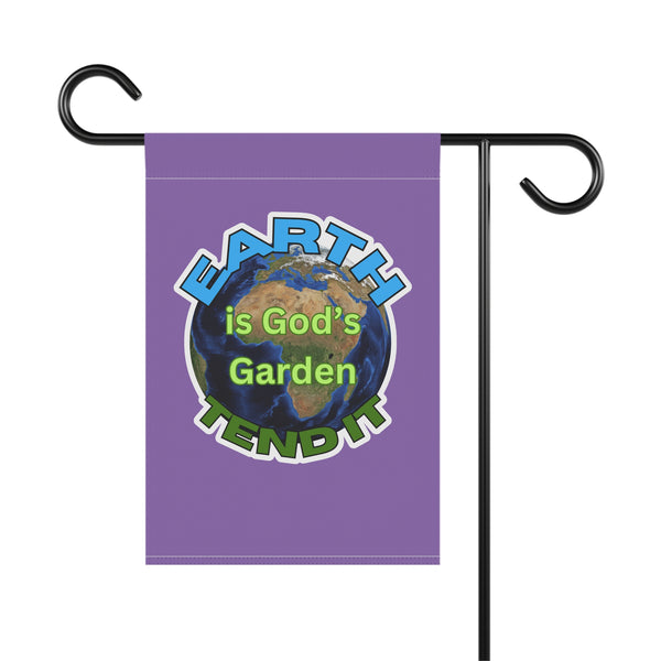 Garden flag with Earth graphic and text on a purple background