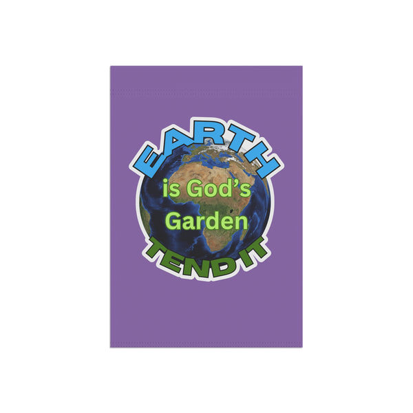 Purple banner with Earth graphic and text 'Earth is God's Garden Tend It' on a white background