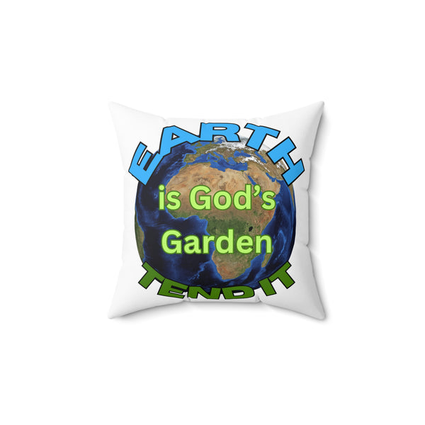 Pillow with Earth graphic and text 'Earth is God's Garden' on a white background