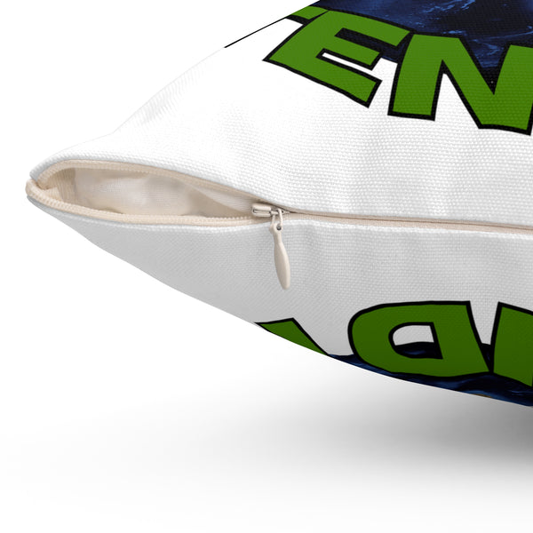 White pillow with green text on a white background