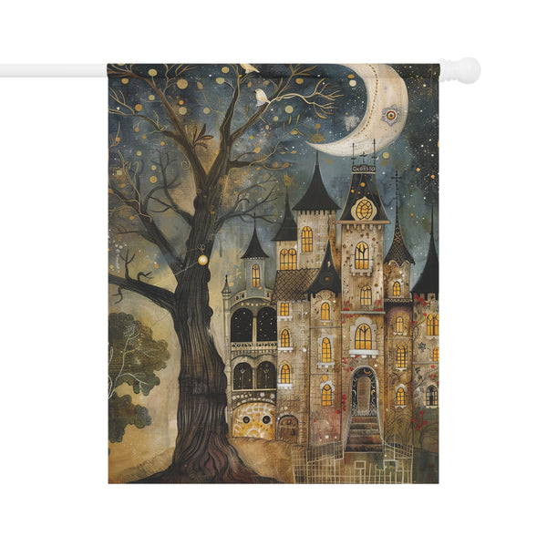 Decorative flag with a castle and tree design against a night sky with a moon.