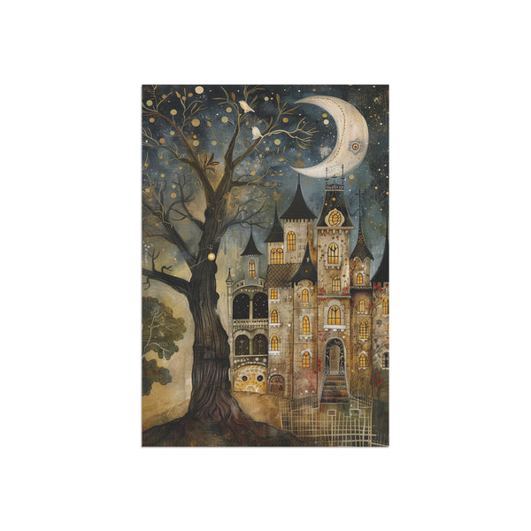 Fantasy castle with a large tree and moon in the background