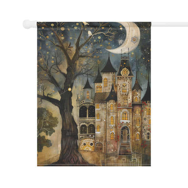 Decorative flag with a castle and tree design against a night sky.