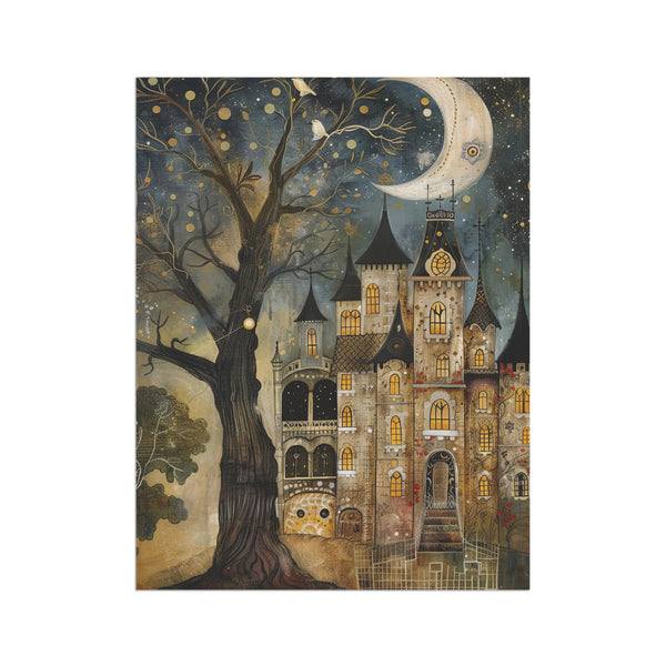 Fantasy castle with large tree and moonlit sky