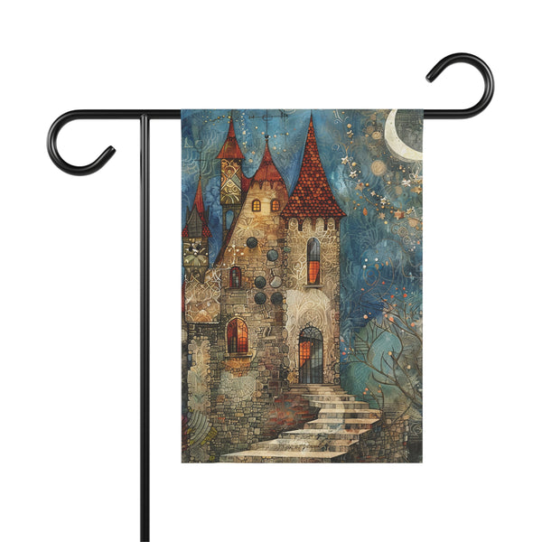 Decorative garden flag with a castle design on a white background