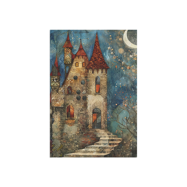 Fantasy castle illustration with colorful architecture and decorative elements on a white background